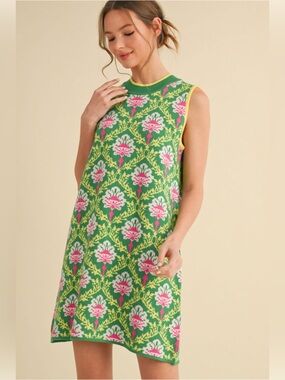 Jodifl Green Floral lightweight sweater Dress with Pink and Yellow Accents Sz L
